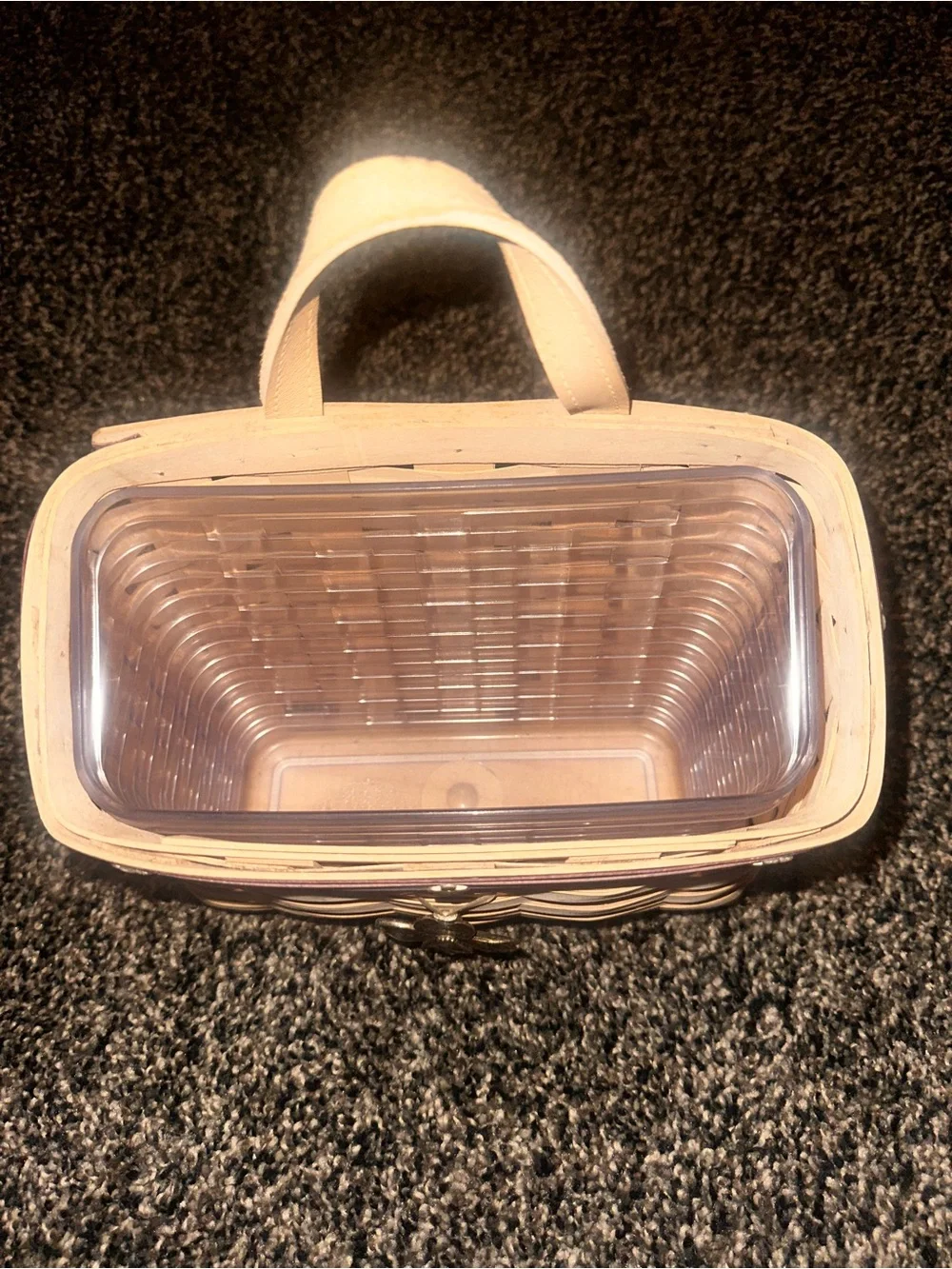 Longaberger Cream Woven Basket with Purple Trim and Floral Charm